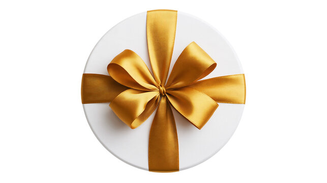 Round white gift box with shiny golden satin ribbon bow top view