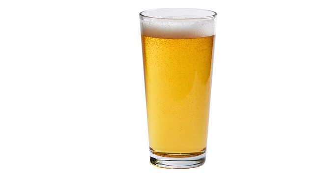 Golden lager beer in a tall clear glass with white foam head