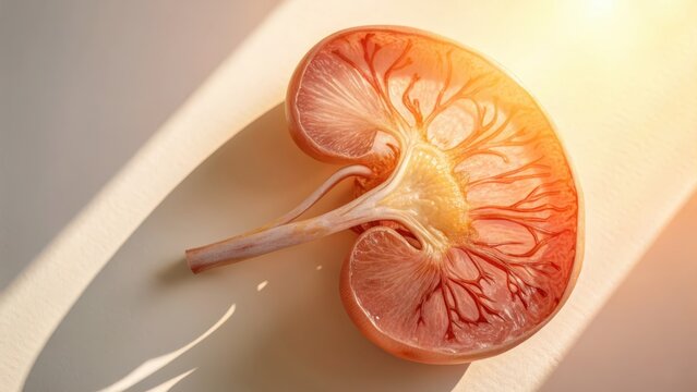 Photorealistic anatomical cross-section of a human kidney showing internal vascular structure