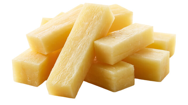 Raw peeled potato sticks cut into rectangular prisms