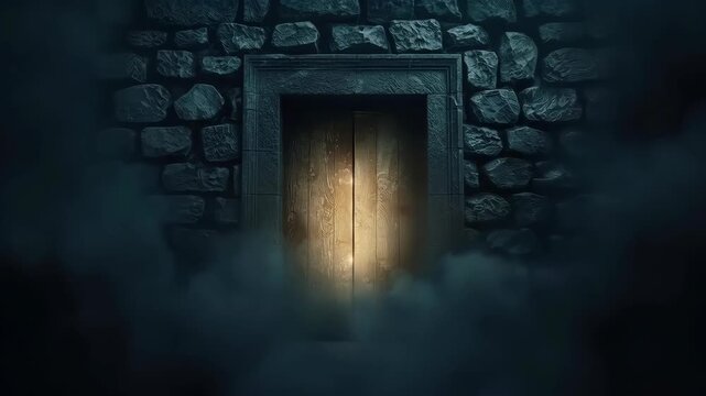 Stone Doorway with Glowing Wooden Door, Mist, and Dark Masonry Fantasy Entrance