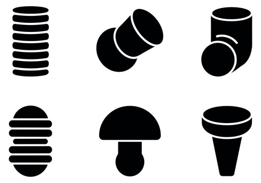 Set of Icons: A collection of six distinct black icons, each representing a different object or concept, arranged in a 2x3 grid.