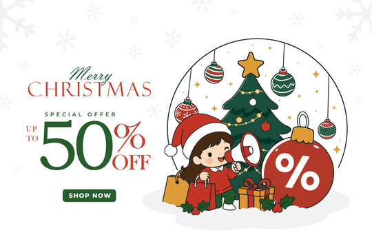 Festive Christmas sale shopping illustration featuring a Christmas tree, ornaments, gift boxes, shopping bags, discount percentage symbol, snowflakes, and a cheerful holiday character.