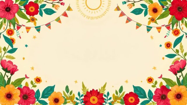 Floral Border with Colorful Flower Leaf Decoration for Festive Celebration Design and Bunting Frame