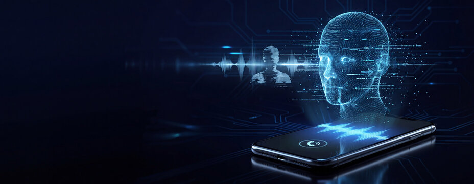 Smartphone with holographic AI head and audio waveform. Voice recognition, digital assistants, cybersecurity, and connected technology. Voice cloning, impersonation, spoofing and telephone fraud.