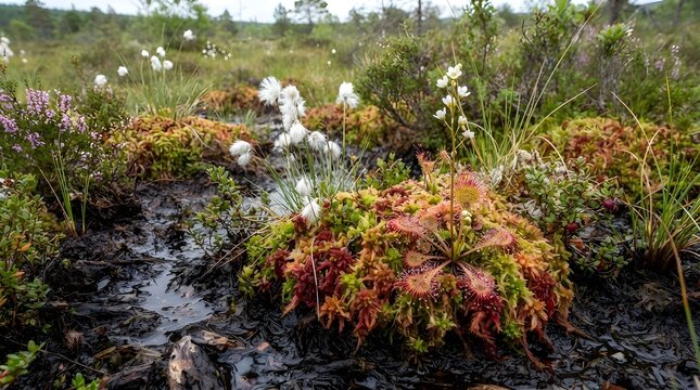Close up of sundew drosera rotundifolia plants growing in a wet mossy peat bog landscape