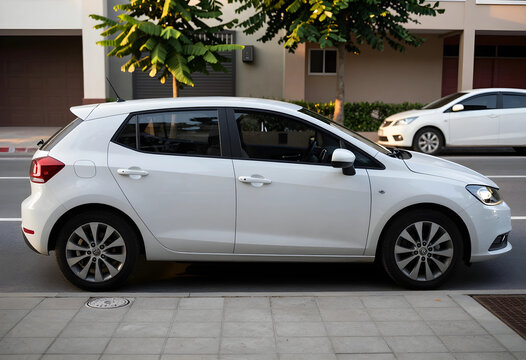 Urban mobility and personal transportation, white hatchback car parked on a residential street for commuting and travel lifestyle in a suburban area