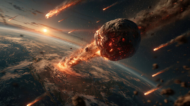 Meteor asteroid impact explosion fire space earth atmosphere destruction apocalypse Cinematic scene of fiery asteroid impact striking earth atmosphere with blazing meteor shower, dramatic light