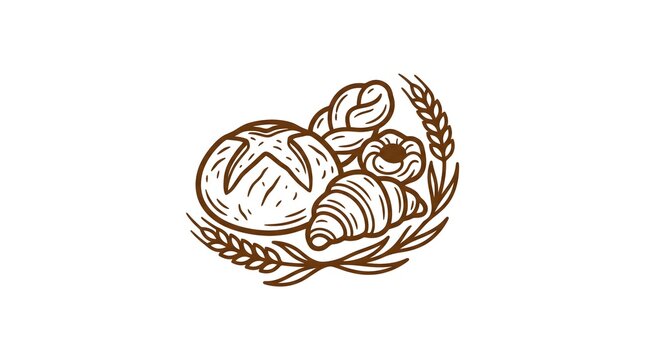 Hand drawn bakery logo illustration featuring various types of fresh bread, croissant, pastry, and wheat stalks isolated on a white background