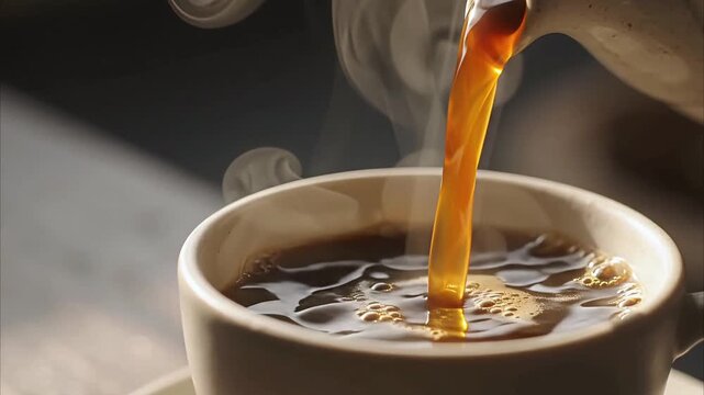 Hot coffee pouring into ceramic cup from pot during morning breakfast routine