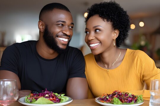 Joyful young multicultural couple sharing laughter over healthy meals, seated at a wooden table in a cozy restaurant, enjoying a delightful dining experience together