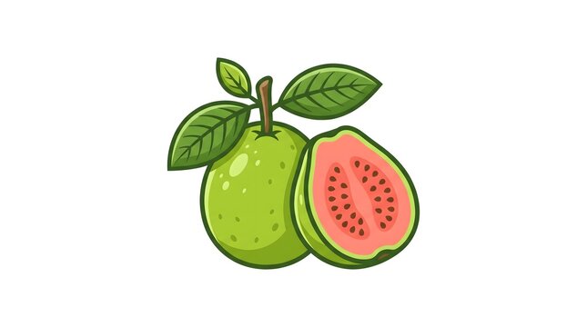 Vector illustration of a fresh whole green guava and a half cut pink guava with seeds and green leaves isolated on a white background