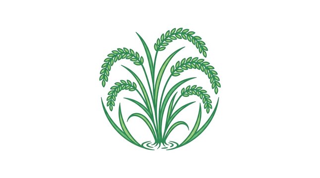 A stylized vector illustration of green rice plants with ripe stalks forming a circular shape, isolated on a white background, perfect for agricultural and organic food concepts.