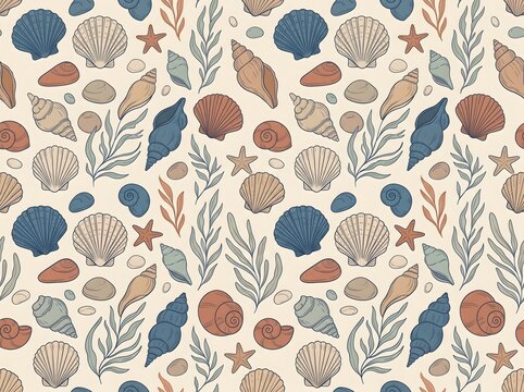 Sea shells pattern features various nautical elements like starfish and seaweed in a repeating composition.