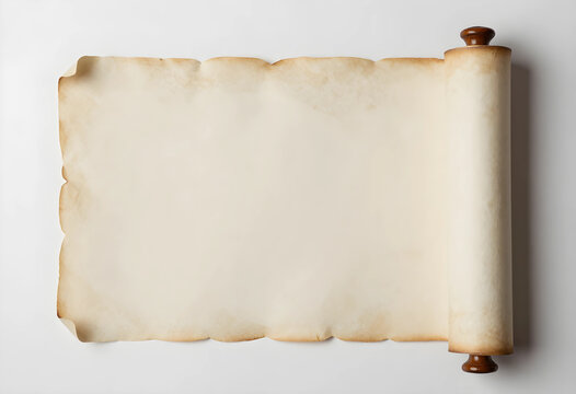 History and heritage concept, blank vintage parchment scroll with copy space for text or design isolated on a clean white background for creative projects