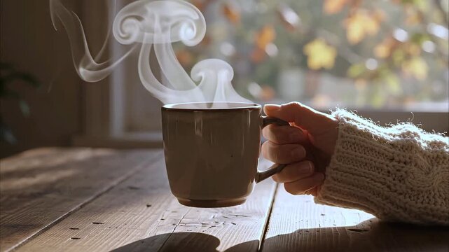 Hot coffee cup steaming on wooden table during cold morning with cozy sweater