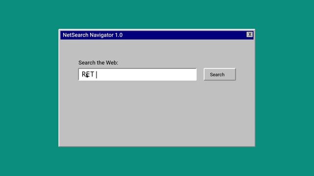 Retro Computer Interface Showing Internet Search Engine Typing Animation Sequence