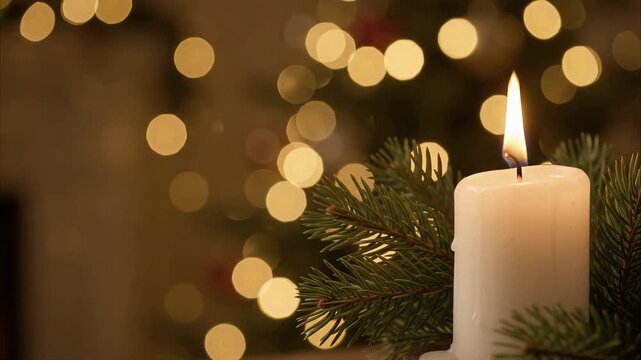 Christmas candle burning with pine branch and glowing bokeh light background for holiday season