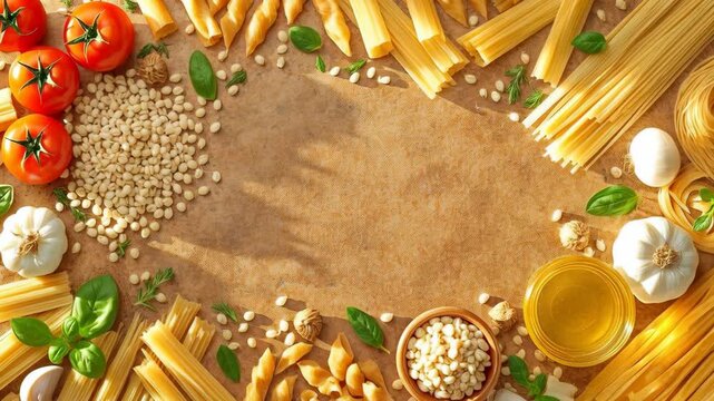 Pasta Ingredients Arrangement on Wooden Table with Tomato Basil Garlic Olive Oil Grain
