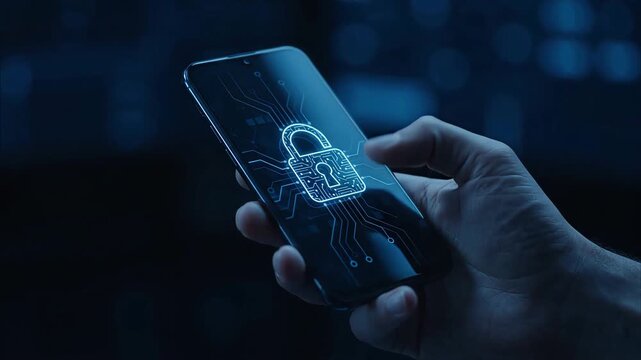 Smartphone cybersecurity protection showing digital padlock icon security system concept