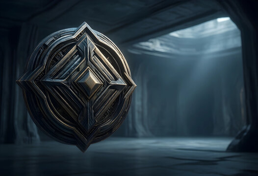 Sci-fi technology and futuristic innovation, ancient alien artifact floating in a dark mysterious temple with cinematic light rays and stone architecture
