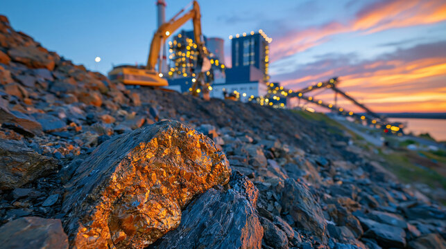 Large stockpile of rare earth ore beside a modern mining processing plant, rugged mineral-rich rocks arranged in massive piles, heavy industrial equipment and conveyor systems visible in the distanc