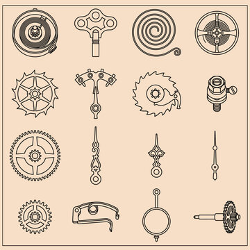Vintage clockwork mechanism parts, 16 antique watch repair icons. Steampunk gear and spring vector elements for horology design projects.