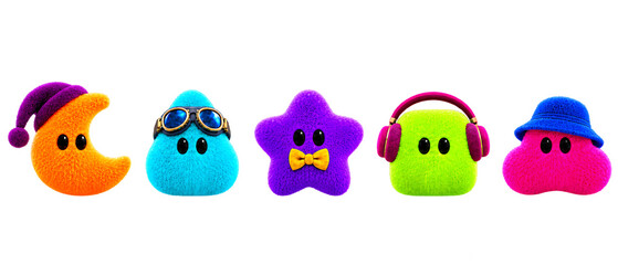 Fototapeta premium Five colorful fluffy AI dot agent avatars in orange, cyan, purple, green and pink, featuring a crescent shape, sunglasses, bow tie, headphones and hats, arranged in a playful row on transparent PNG