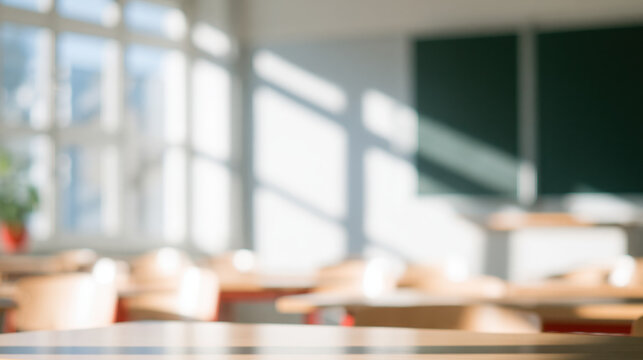 Empty classroom blurred desk soft sunlight modern school bright interior empty chair classroom light education learning space quiet room empty classroom blurred desk soft sunlight modern school