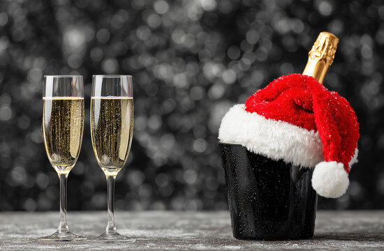 New Year celebration with champagne glasses and festive background featuring a Santa hat