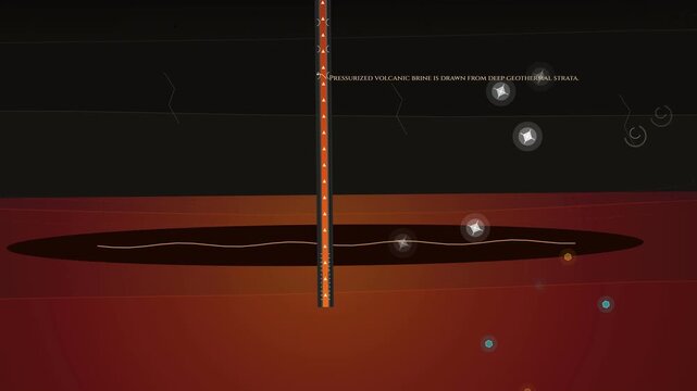3D animation explaining the Direct Lithium Extraction (DLE) process from deep geothermal volcanic brine, showing specialized resin beads capturing lithium ions in a closed-loop system