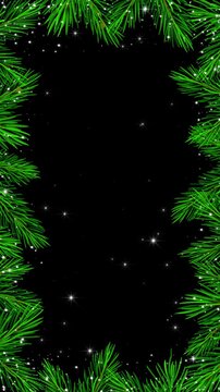  Christmas Tree Branch Frame with Sparkling Stars Glitters on Black Animation, Pine Border Holiday New Year Videos Vertical Social Media Motion background