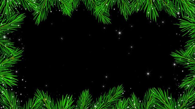  Christmas Tree Branch Frame with Sparkling Stars Glitters on Black Animation, Pine Border Holiday New Year Videos Social Media Motion background