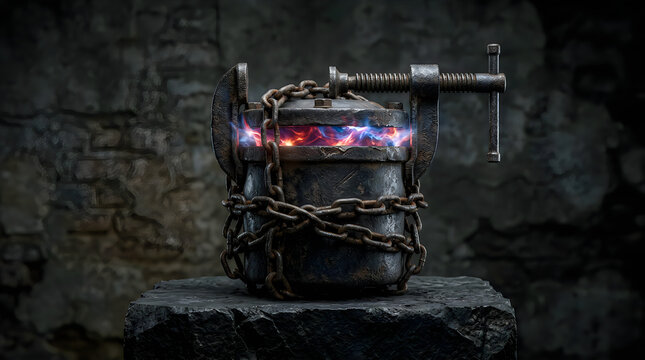 Mysterious glowing cauldron wrapped in heavy chains, ancient magical relic with clamped lid, dark fantasy alchemical pot