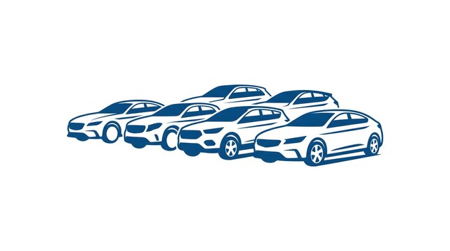  A group of modern cars vector silhouette illustration, representing fleet, dealership, car rental, or automotive business concept on white background.