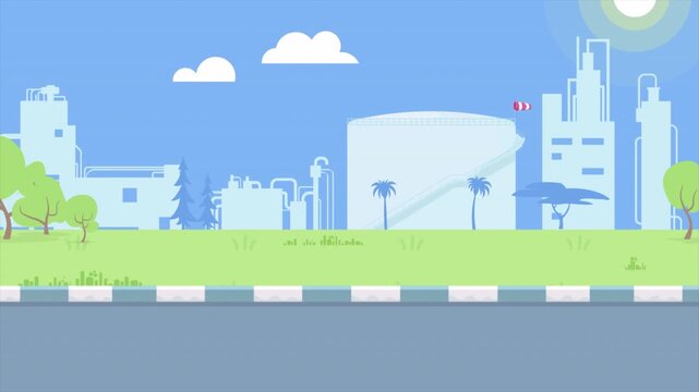 Cartoon industrial factory with sun and palm trees