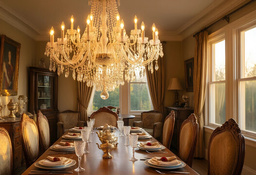 Luxury dining room interior, elegant home decor and fine dining lifestyle with crystal chandelier and formal table setting in a classic manor house