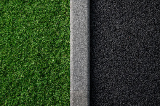 Top view texture split screen background with green artificial grass concrete curb stone and black asphalt pavement road surface photo for landscaping urban construction sports court design