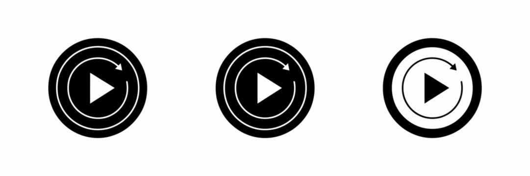 Set of three black and white circular play icons with repeat arrow symbols for video media player interface design