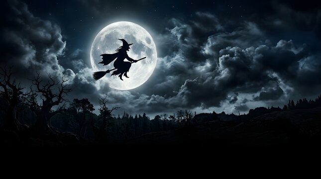 A spooky halloween night depicts a witch silhouetted against a full moon and dramatic cloudy skies