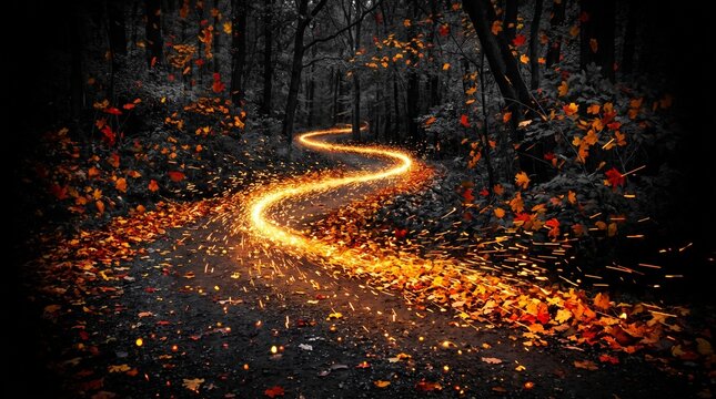 Winding glowing path through a dark enchanted forest at night