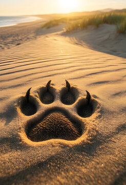 Wildlife conservation and nature exploration, large animal paw print in sand on a coastal beach at sunset with golden hour light and ocean waves