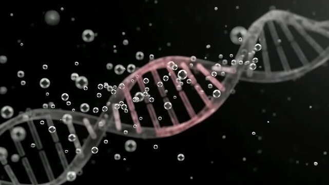 3d render of a dna double helix strand with molecular structures