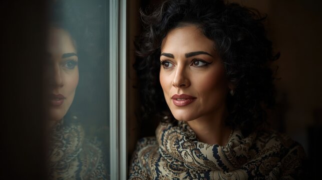 Mujer brasile&ntilde;a sofisticada de cabello oscuro y rizado, maquillaje sutil y sonrisa suave, que lleva un chal estampado y mira pensativamente a trav&eacute;s de una ventana