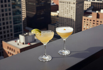 Fototapeta premium Happy hour and urban lifestyle, two cocktails on a rooftop terrace overlooking a city skyline at sunset for luxury travel and social celebration