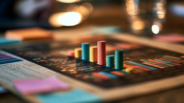 Business analytics charts and data visualization with wooden game pieces