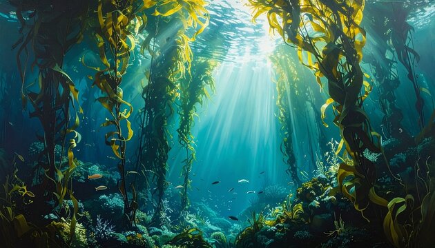 Sunlight filtering through a vibrant kelp forest habitat in the deep