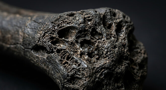 Ancient blackened bone fragment with porous texture, macro shot