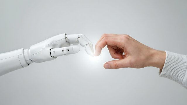 A close-up view of a human hand reaching out to touch the index finger of a white robotic hand against a plain light gray background, studio setting