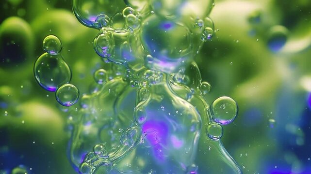 A composition of air bubbles merges seamlessly into a moving, fluid structure that pulsates, creating the effect of living matter. Translucent forms of blue-green color fill the scene with dynamism